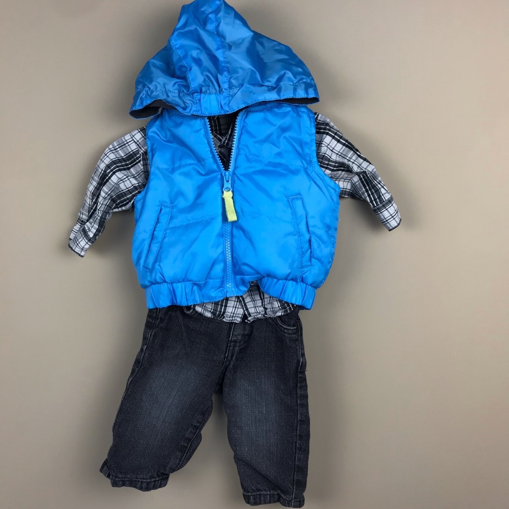 [SOLD]Boys Plaid Shirt Blue Vest Black Jeans 3-6 M